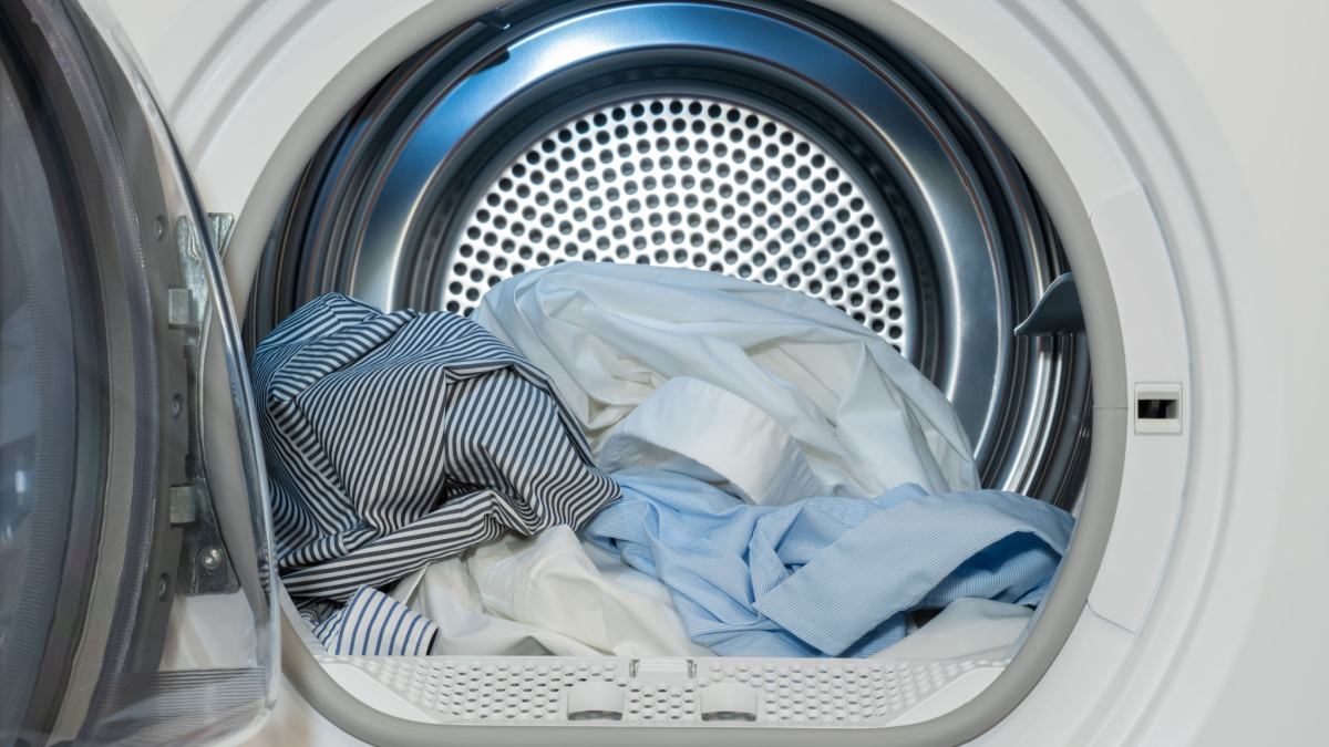 Load of dry clothes in a front-loading clothes dryer with door open